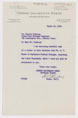 Letter to Harvey Cushing, March 15, 1926
