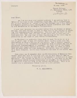 Letter to William Osler, August 21, 1904