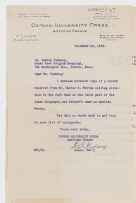 Letter to Harvey Cushing, December 15, 1925