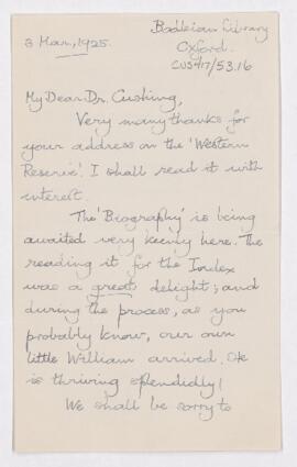 Letter to Harvey Cushing, March 3, 1925