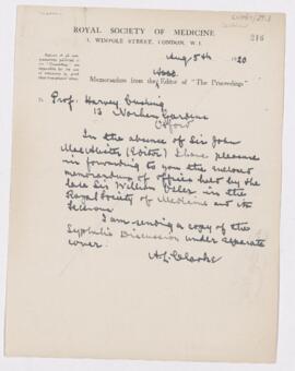 Letter to Harvey Cushing