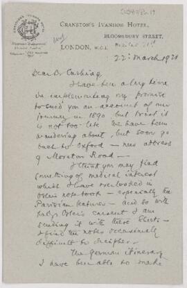 Letter to Harvey Cushing, March 22, 1921