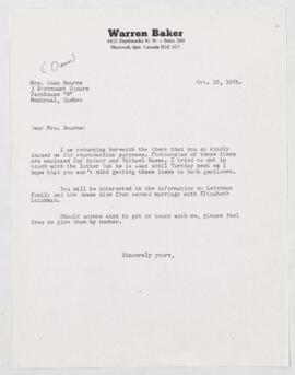 Letter from Warren Baker to Joan Bourne